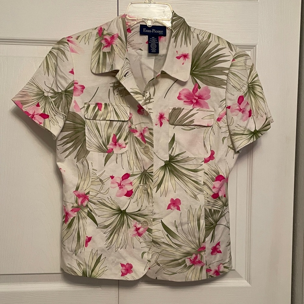 EVAN-Picone Petite Linen Blend Lined Button Down Blouse Tropical Floral Size 10P